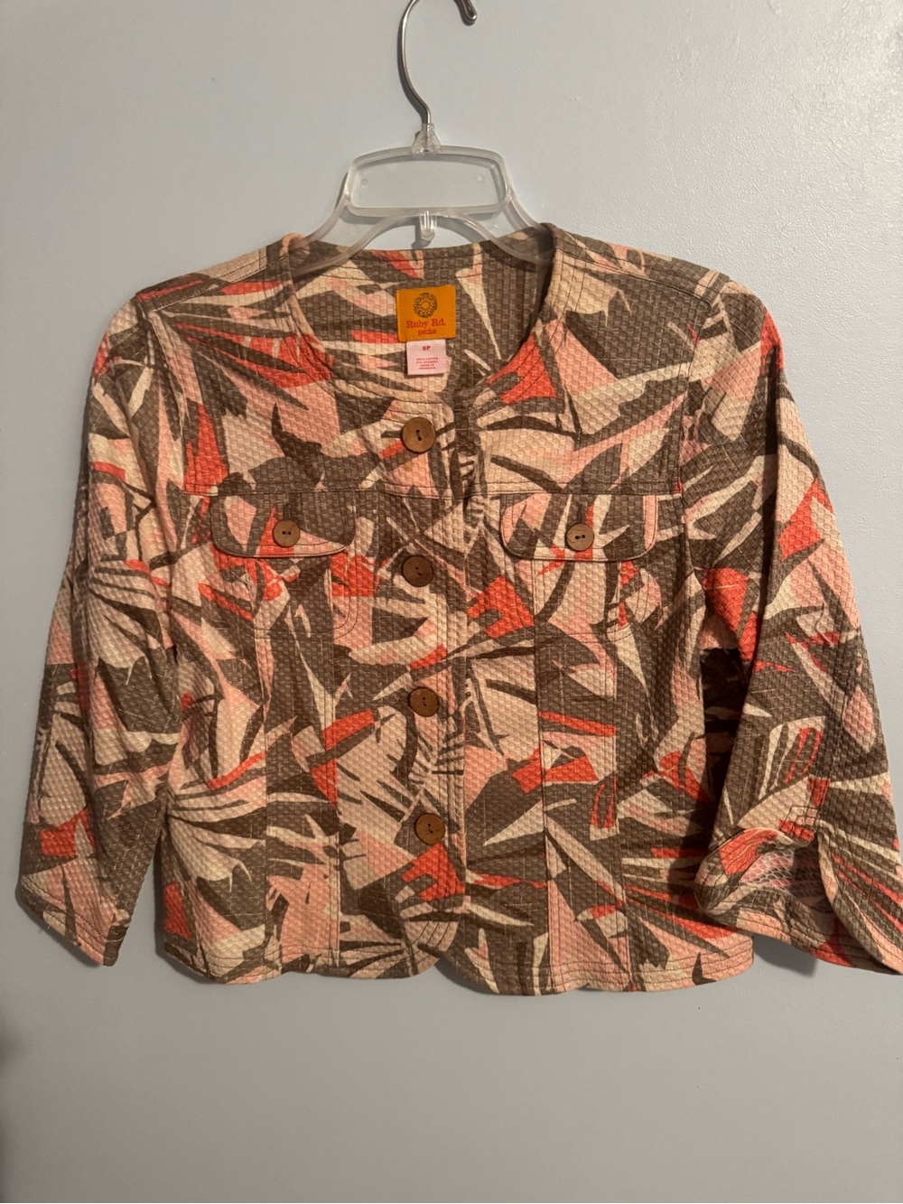Ruby Rd. - Gray Jacket with Coral & Cream Abstract Print. Size SP